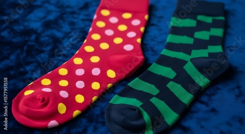 Colorful and Patterned Socks on Deep Blue Velvet Background Funky Fashion Statement