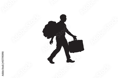 Silhouette of a Man Walking with a Large Backpack and Briefcase Isolated on White Background Represents Travel Business and Commuting in a Minimalist Style