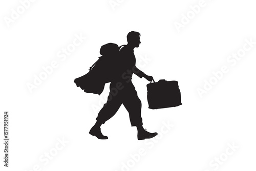 Silhouette of a man walking with a large backpack and suitcase against a white background representing travel journey or departure in a minimalist style