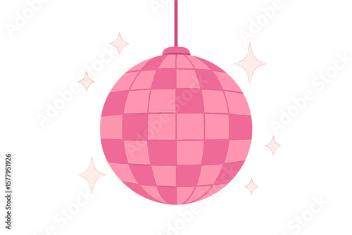Vector illustration of a pink disco ball with stars on a purple background, suitable for use as a template in greeting cards and posters
