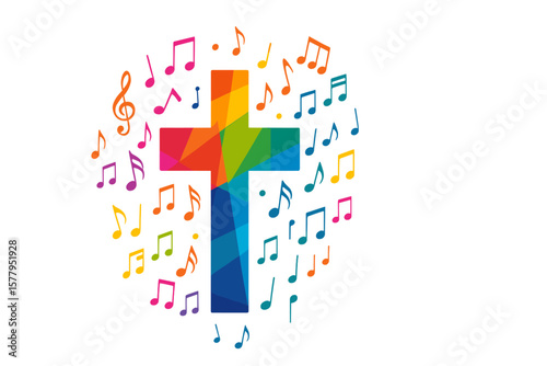 Vibrant christian cross with musical notes isolated vector illustration, a religion themed background suitable for gospel church music, concerts, festivals, choir performances, Christianity and