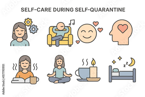 A set of line icons for self-care during self-quarantine is included, featuring symbols for mental well-being, relaxation, and emotional health