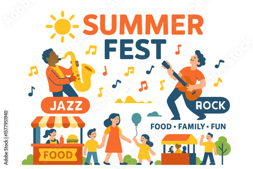 Vibrant vector design for a summer festival featuring live music, including jazz and rock, along with a food street fair and family activities, as showcased on an event poster and banner