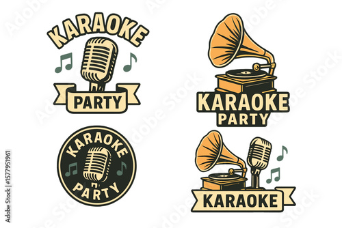 Vector illustration featuring a set of karaoke party labels with design elements including a vintage microphone and gramophone for creating labels, emblems, or signs