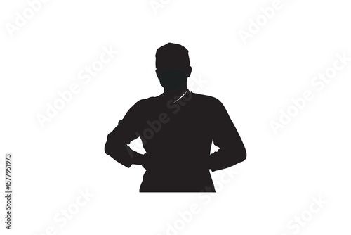 Silhouette of a healthcare worker wearing a surgical mask and cap hands on hips isolated on white background representing medical professionals