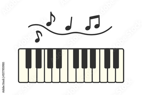 Musical background with piano keys and keyboard, featuring a melody and instrument in a vector illustration style, represented as a flat design