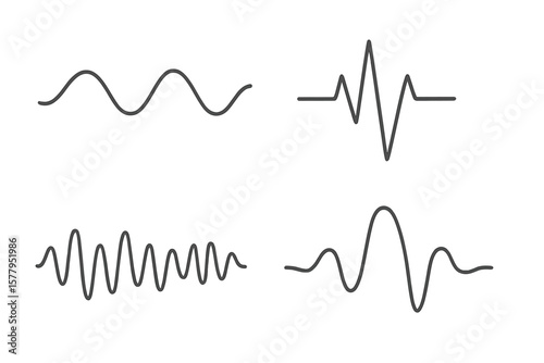 Isolated vector illustration of a set of waving, vibration and pulsing lines, suitable for graphic design elements in financial monitoring, medical equipment, and music apps