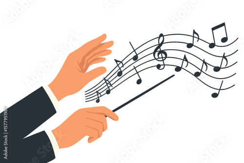 A conductor's hand is depicted with music notes and a dancing melody, set against a conceptual background suitable for song and concert themes, as part of a vector template for banners and posters