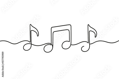A single, unbroken line drawing of musical notes, serving as a minimalist logo or web banner for a music school or choir concert, presented in a simple linear style with editable strokes, as a doodle