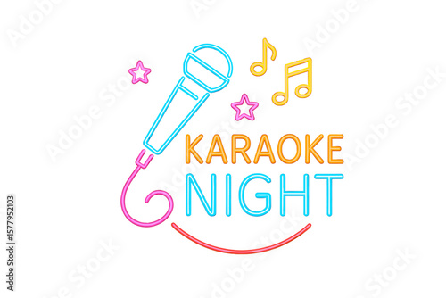 Vector illustration of a karaoke night featuring a neon sign, luminous logo, and light banner to advertise a vibrant night at a karaoke bar, party, disco bar, or night club with live music, served as