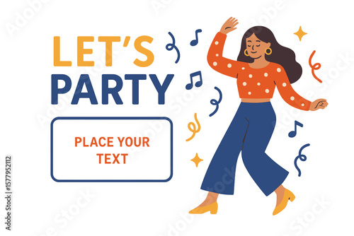 Design template named 'Let`s Party' featuring a fashionable girl and a designated area for text