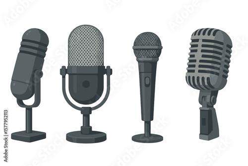 Illustration of mic media, microphone for karaoke and concert, music studio misc mic equipment vector realistic pictures of vintage style microphones isolated, microphones 3d