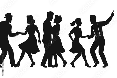 Vector illustration of three pairs of people in 1940s or 1950s attire, dancing in a swing, jazz, lindy hop or boogie woogie style, depicted as silhouettes on a white background