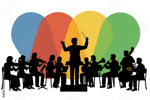 A flat monochromatic silhouette of an orchestra being led by a conductor set against a backdrop of vibrant multi-colored spots emitted by spotlights