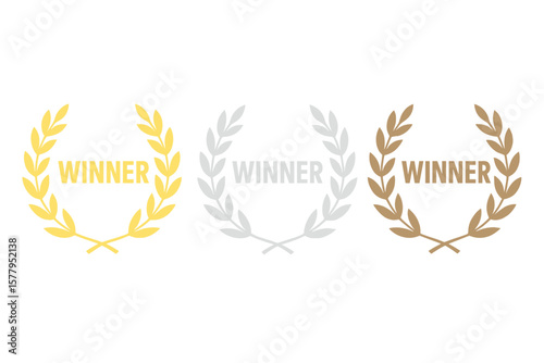 Vector illustration of a set of gold, silver, and bronze laurel wreaths on a blue background, symbolizing victory with a winner label and leaf motif