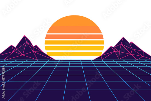 A futuristic landscape with a retro background in 1980s style, featuring a digital cyber surface, suitable for an 80s party background, with elements of retro 80s fashion and a sci-fi themed summer