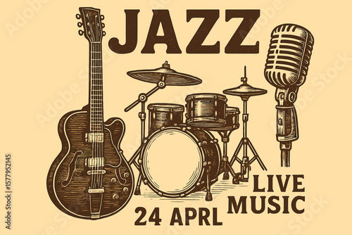 Design for an event poster featuring jazz elements, including a guitar, drum, and microphone, presented as a set of vector illustrations with typography in a vintage pencil sketch and engraving