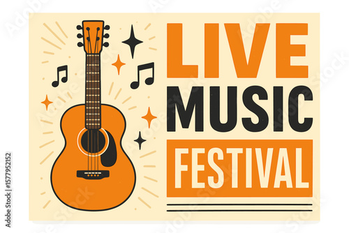 Retro-style banner or poster illustration featuring an orange guitar for a live music festival in vector format