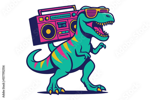 Vector illustration of a Tyrannosaurus Rex holding a boombox in a retro 80s style