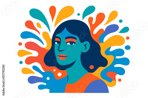 Vector illustration of a funky style abstract depiction featuring a female portrait surrounded by vibrant splashing shapes