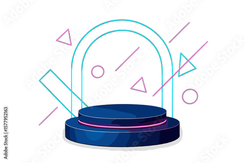 Vector template featuring a futuristic neon-lit podium scene with abstract geometric background for product presentation, including a realistic modern pedestal mockup