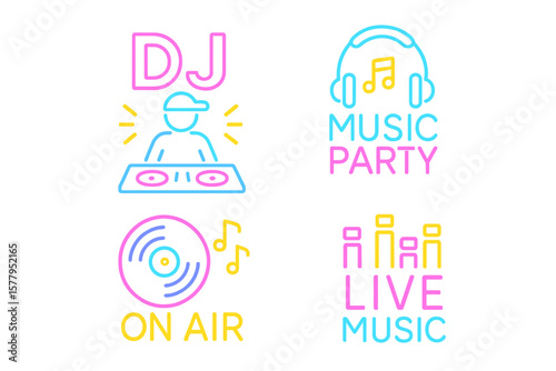 Vector design template featuring a collection of neon signs for a DJ music party, incorporating concepts of music, radio, and live concerts into a colorful neon poster and light banner design