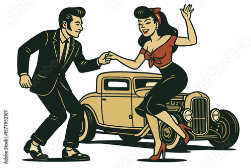 A rockabilly pinup girl and a teddyboy dance together in front of a hotrod, set against a plain white background