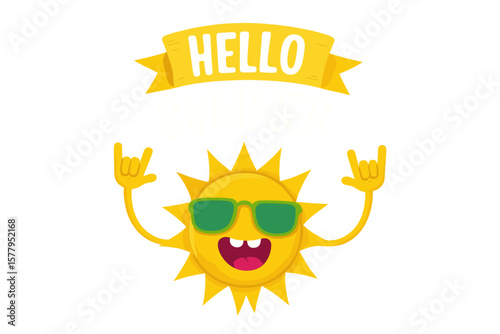 Vector summer party poster featuring a funky sun character design template, isolated on an azure background with a 'hello summer' rock n roll label