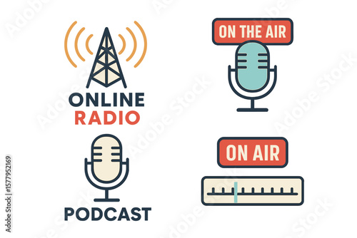 Vector Emblems Set for Online Radio and Microphone, Featuring Broadcast Tower, Podcast, Stand Up Comedy Microphone Signs, Radio Scale, and On the Air Symbols as Logo Templates