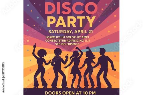 Colorful vector illustration template for a disco party night club event flyer with dancing and space for text on a vibrant background