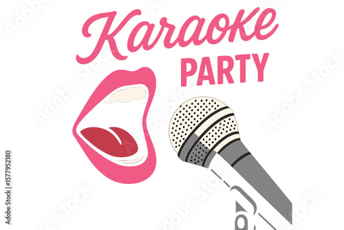 A vector music poster for a karaoke party, featuring a studio microphone, singing mouth, and pink calligraphic text on a black background, ideal for use as an advertising poster, banner, flyer, or