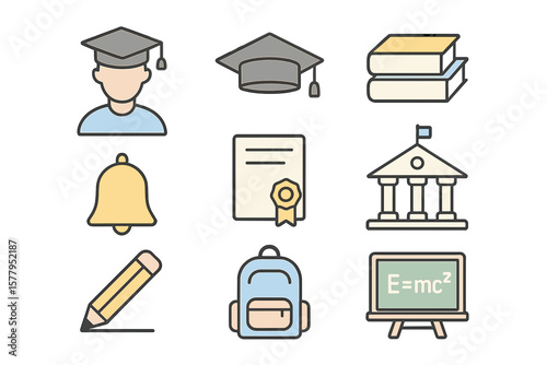 Simple and minimal thin line icons representing education, including related concepts such as students, academies, schools, and colleges, with editable strokes, presented as a vector illustration