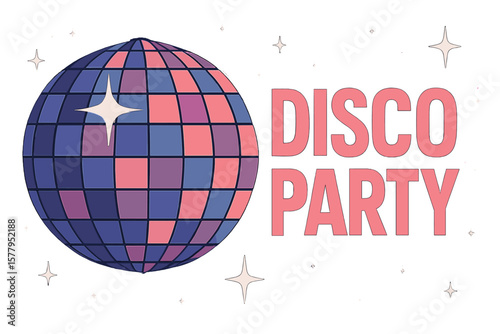 Night club with a disco party poster set against an open space background that features a disco ball