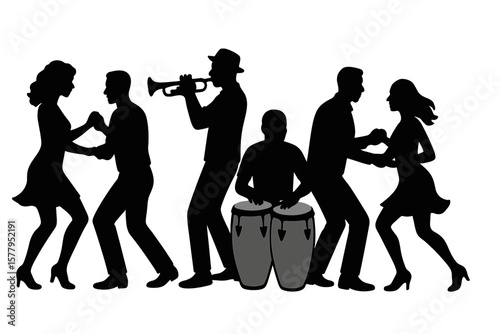 Figures of individuals performing salsa dance moves and artists playing latin musical compositions