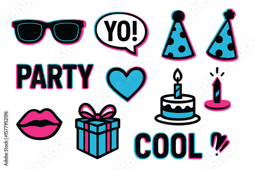 Modern advertising utilizes social media and birthday celebration design, incorporating icon fashion photo booth props, youth teens party glitch props, and sticker packs with black, blue, and pink