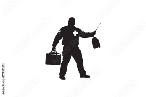 Silhouette of a Paramedic Carrying Medical Bag and Radio Symbolizing Emergency Response Healthcare and Vital Communication in Critical Situations Black and White