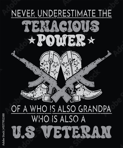 NEVER UNDERESTIMATE THE TENACIOUS POWER OF A WHO IS ALSO GRANDPA WHO IS ALSO A US VETERAN T SHIRT DESIGN.