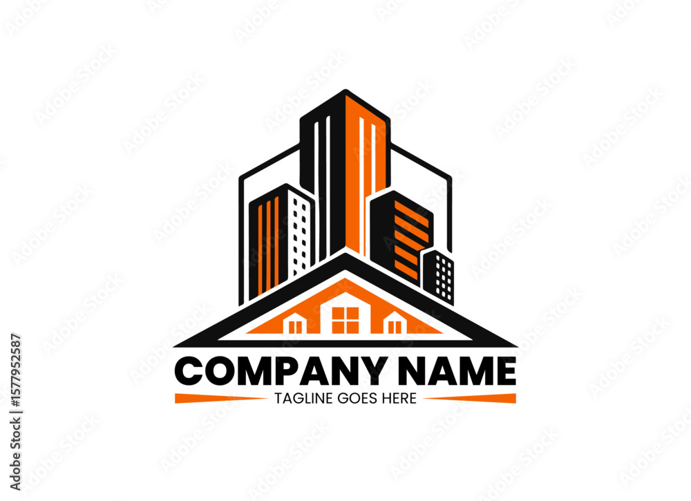 Obraz premium Construction Building Logo Icon Design Vector Featuring House Roof and High-Rise City Buildings