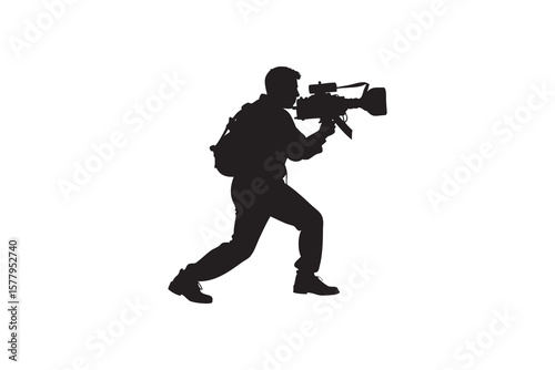 Silhouette of a cameraman with a large camera running and filming while in action isolated on white background for easy editing and use