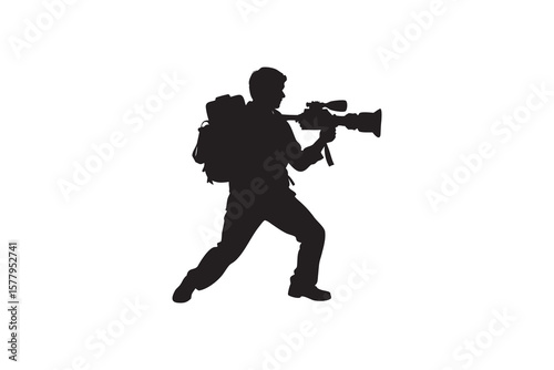 Silhouette of a Wildlife Photographer with Backpack and Camera Ready to Capture the Perfect Shot in the Wilderness Isolated on White