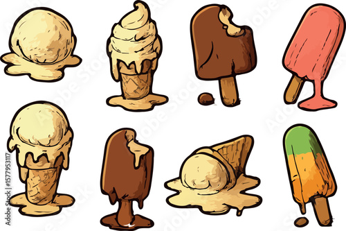 large set with ice cream in various states and flavors and in various shapes, for various summer designs