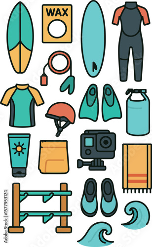 set of simple icons on the theme of summer, namely summer active recreation surfing. The set includes elements used during surfing