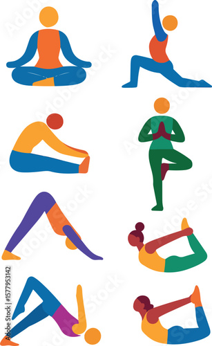 set on the theme of yoga, namely various yoga poses depicted in abstract shapes, for various designs