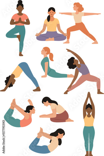 set of women of different races and shapes standing in various yoga poses, for various designs
