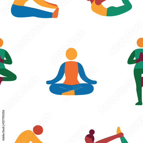 Yoga-themed pattern, namely various yoga poses depicted in abstract shapes on a white background, for various designs