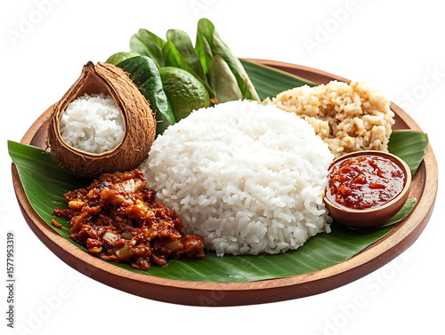 Traditional southeast asian nasi lemak meal with coconut rice and sambal isolated on transparent background