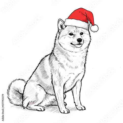 Black and white sketch of a Shiba Inu dog sitting in a Santa Claus hat. Engraving-style illustration