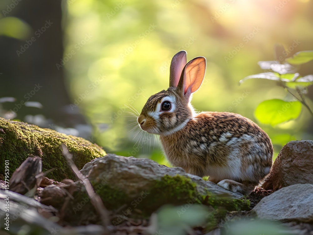 Fototapeta premium A serene image of a rabbit nestled among mossy rocks in a sunlit forest, showcasing the beauty of wildlife in its natural habitat, surrounded by vibrant greenery.