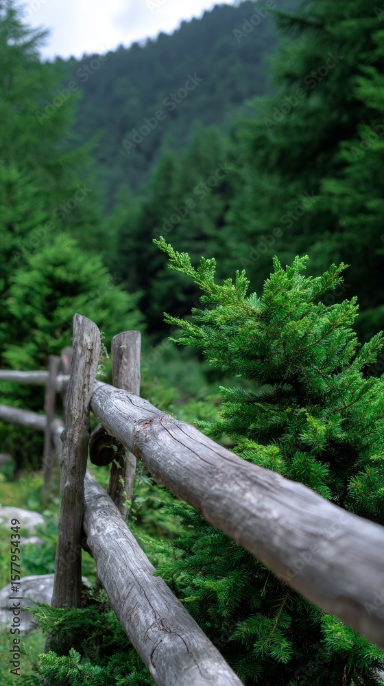 Rustic wooden fence in verdant mountain forest landscape with evergreen trees Rustic wooden fence in verdant mountain forest landscape with evergreen trees