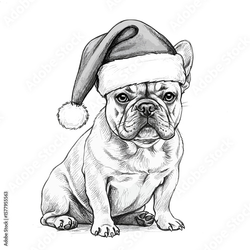 French bulldog in Santa hat, hand drawn sketch doodle black and white illustration, engraving or woodcut style